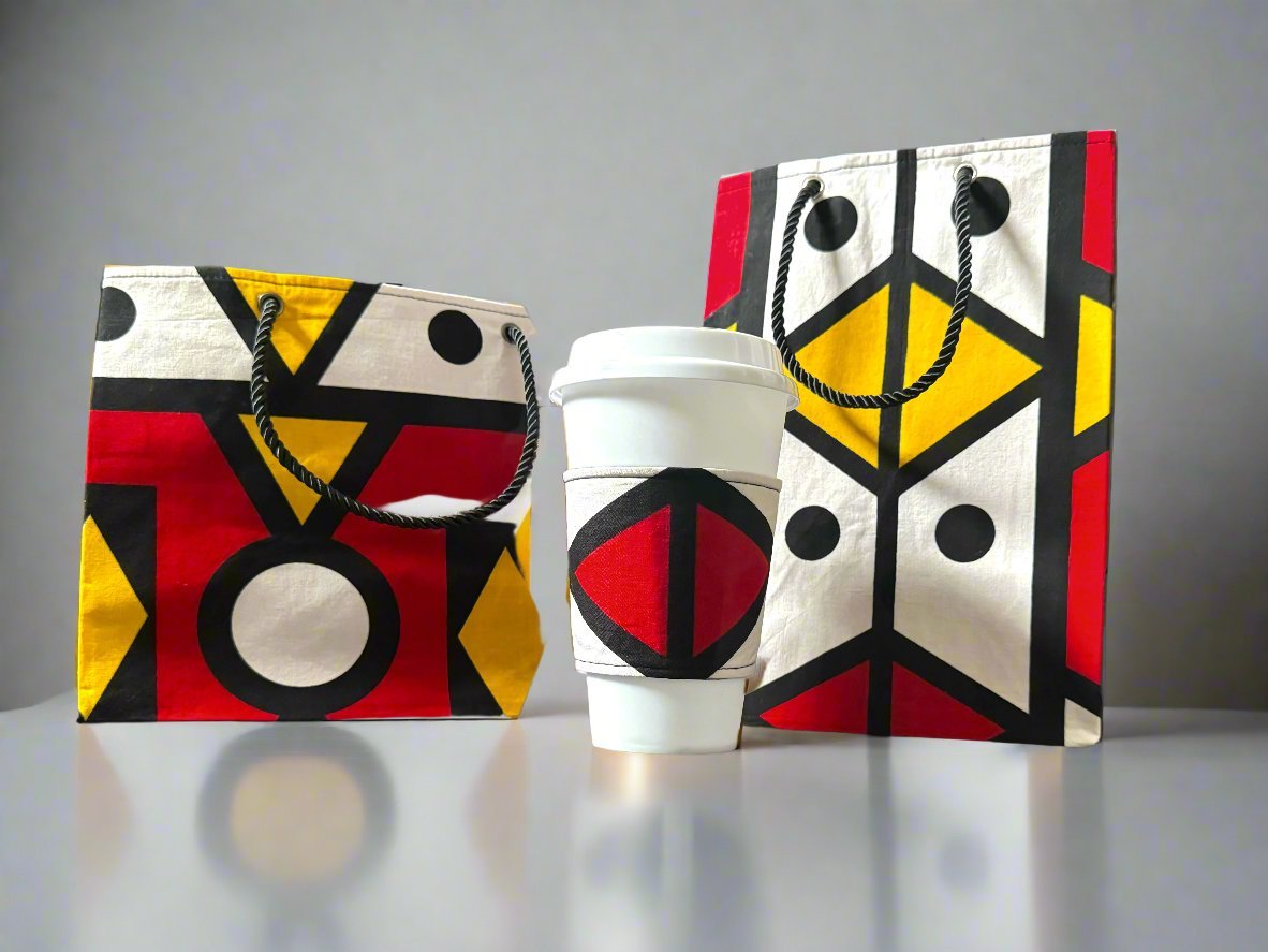 Ethnic, Fabric, Patterned, Handmade Black, Red and Yellow Cup Sleeve - Gezia Accents