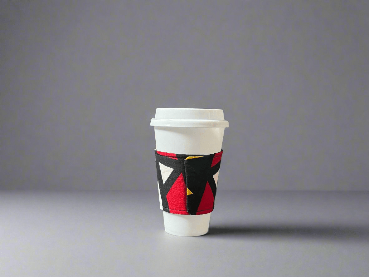 Ethnic, Fabric, Patterned, Handmade Black, Red and Yellow Cup Sleeve - Gezia Accents