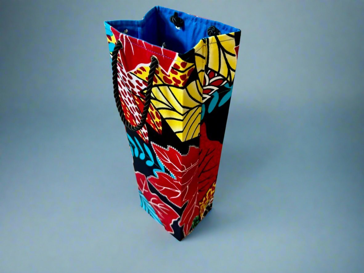 Ethnic, Fabric, Patterned, Handmade Black, Red, Blue, and Yellow Wine Gift Bag - Gezia Accents