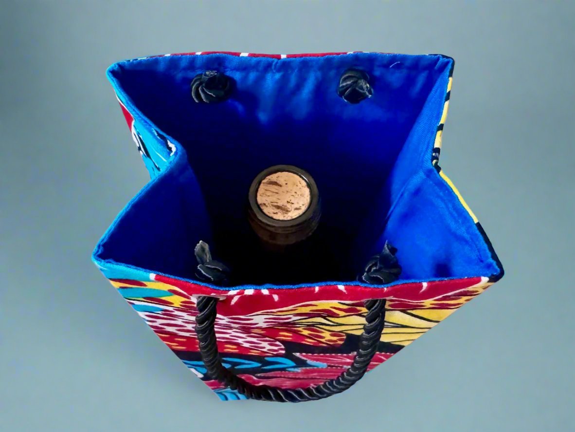 Ethnic, Fabric, Patterned, Handmade Black, Red, Blue, and Yellow Wine Gift Bag - Gezia Accents
