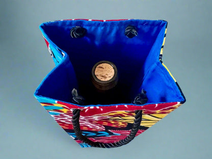 Ethnic, Fabric, Patterned, Handmade Black, Red, Blue, and Yellow Wine Gift Bag - Gezia Accents