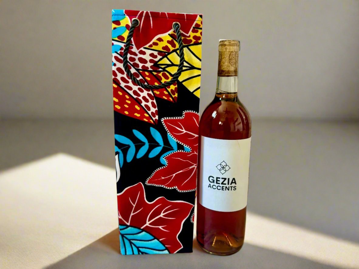 Ethnic, Fabric, Patterned, Handmade Black, Red, Blue, and Yellow Wine Gift Bag - Gezia Accents