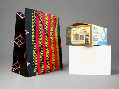 Ethnic, Fabric, Patterned, Handmade Black, Red, White and Gold Medium Bag - Gezia Accents