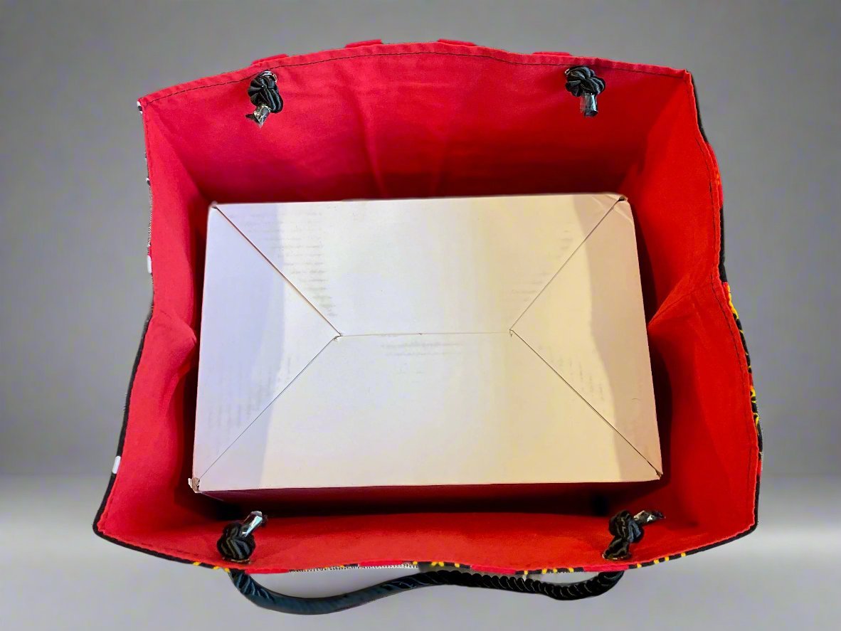 Ethnic, Fabric, Patterned, Handmade Black, Red, White and Gold Medium Bag - Gezia Accents