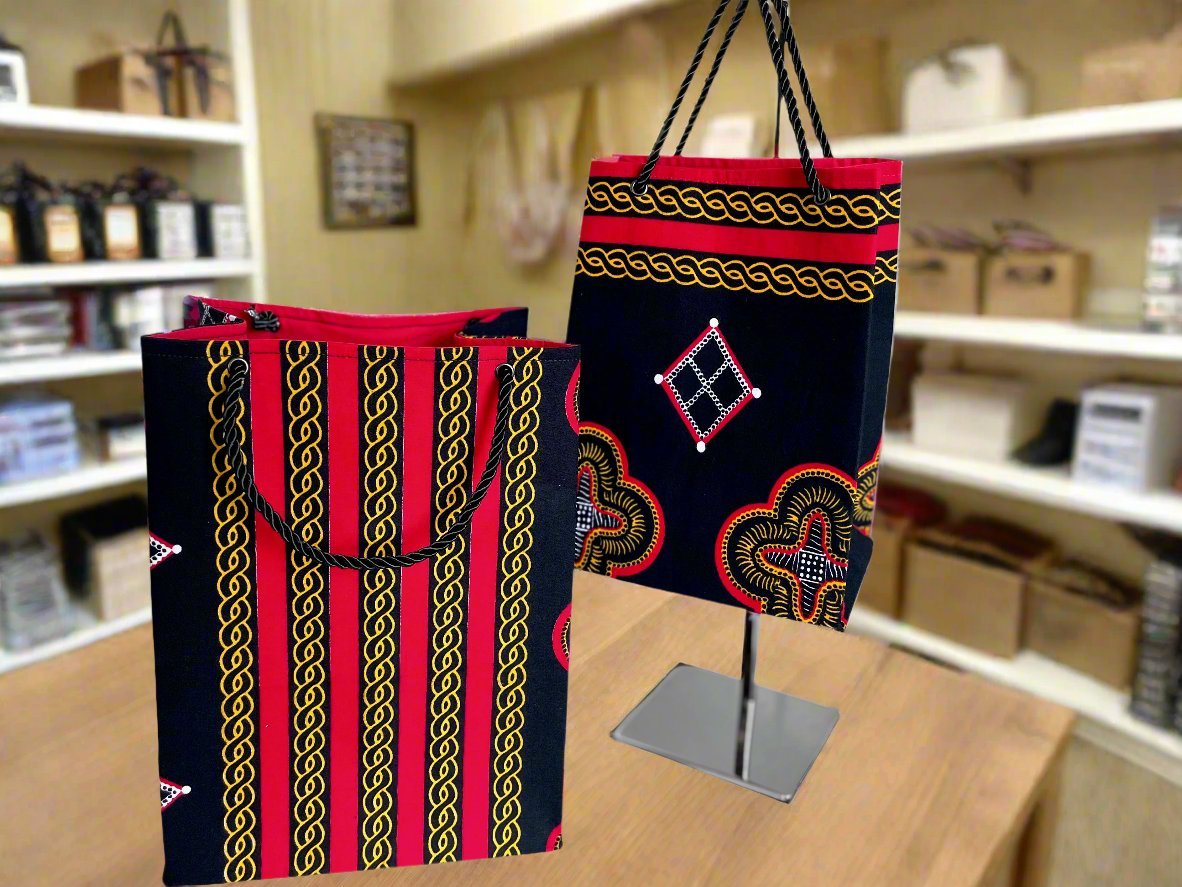 Ethnic, Fabric, Patterned, Handmade Black, Red, White and Gold Medium Bag - Gezia Accents