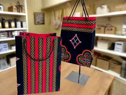 Ethnic, Fabric, Patterned, Handmade Black, Red, White and Gold Medium Bag - Gezia Accents