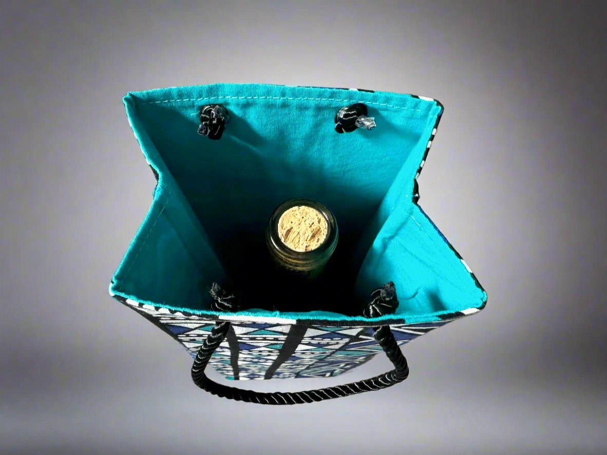 Ethnic, Fabric, Patterned, Handmade Black, Turquoise, Blue and White Wine Gift Bag - Gezia Accents