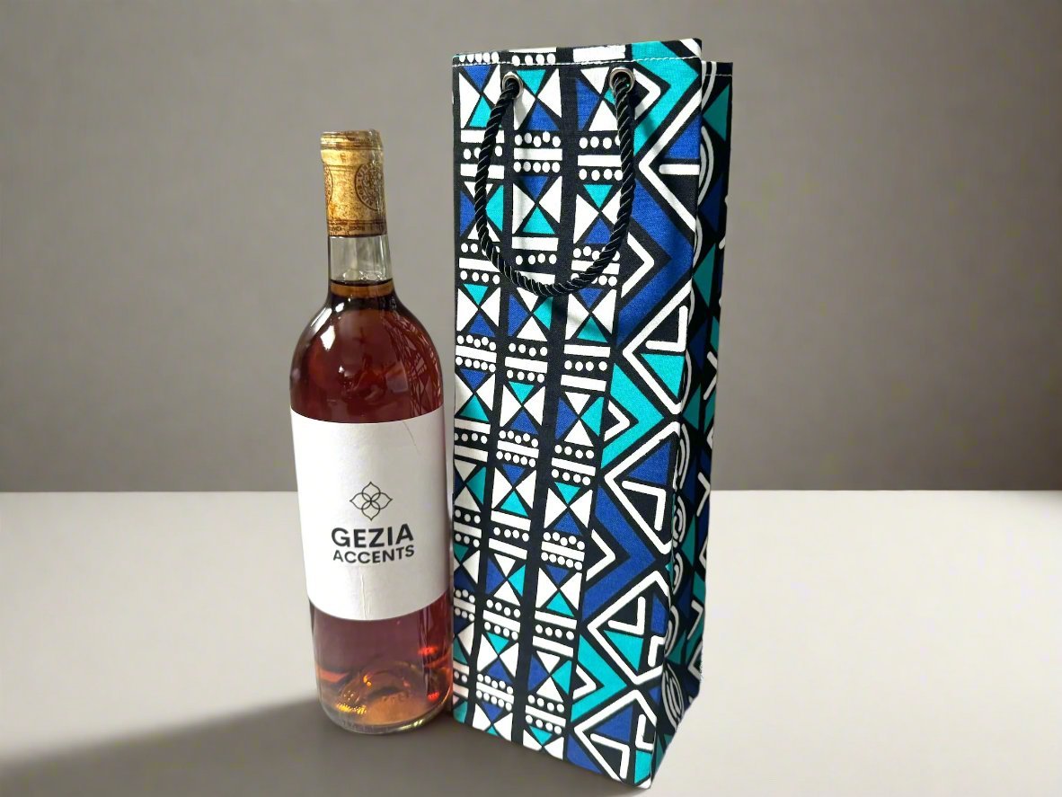 Ethnic, Fabric, Patterned, Handmade Black, Turquoise, Blue and White Wine Gift Bag - Gezia Accents