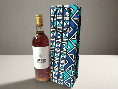 Ethnic, Fabric, Patterned, Handmade Black, Turquoise, Blue and White Wine Gift Bag - Gezia Accents