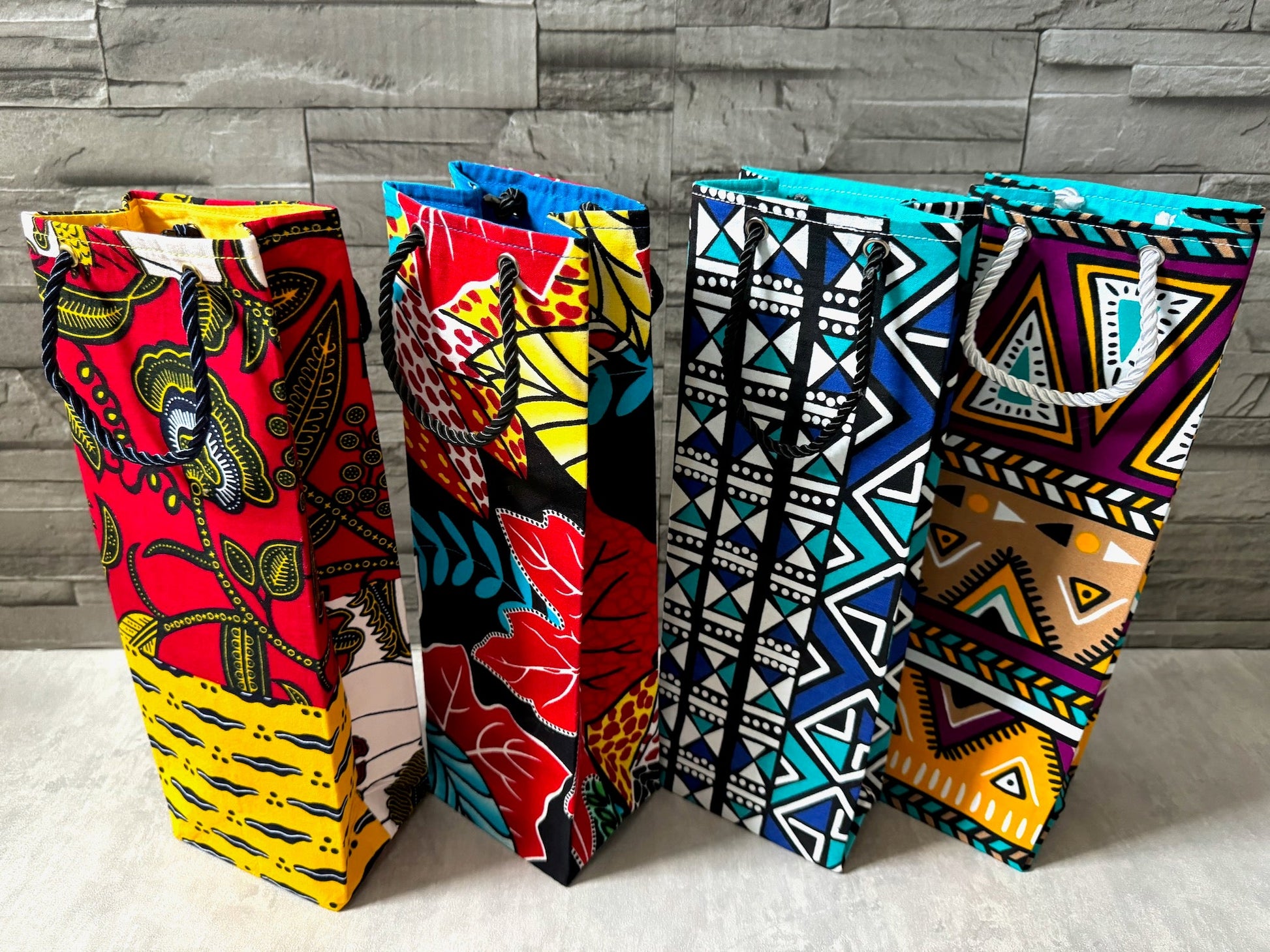 Ethnic, Fabric, Patterned, Handmade Black, Turquoise, Blue and White Wine Gift Bag - Gezia Accents