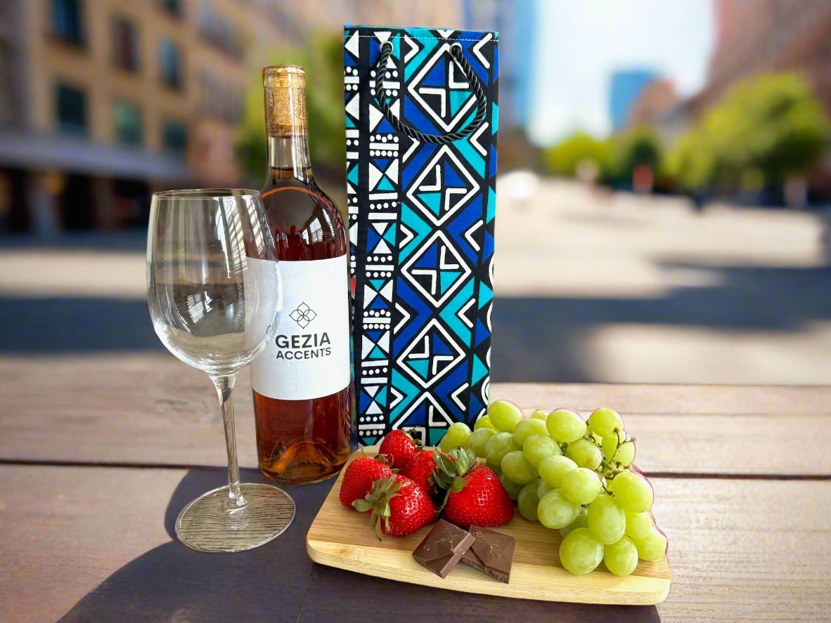 Ethnic, Fabric, Patterned, Handmade Black, Turquoise, Blue and White Wine Gift Bag - Gezia Accents