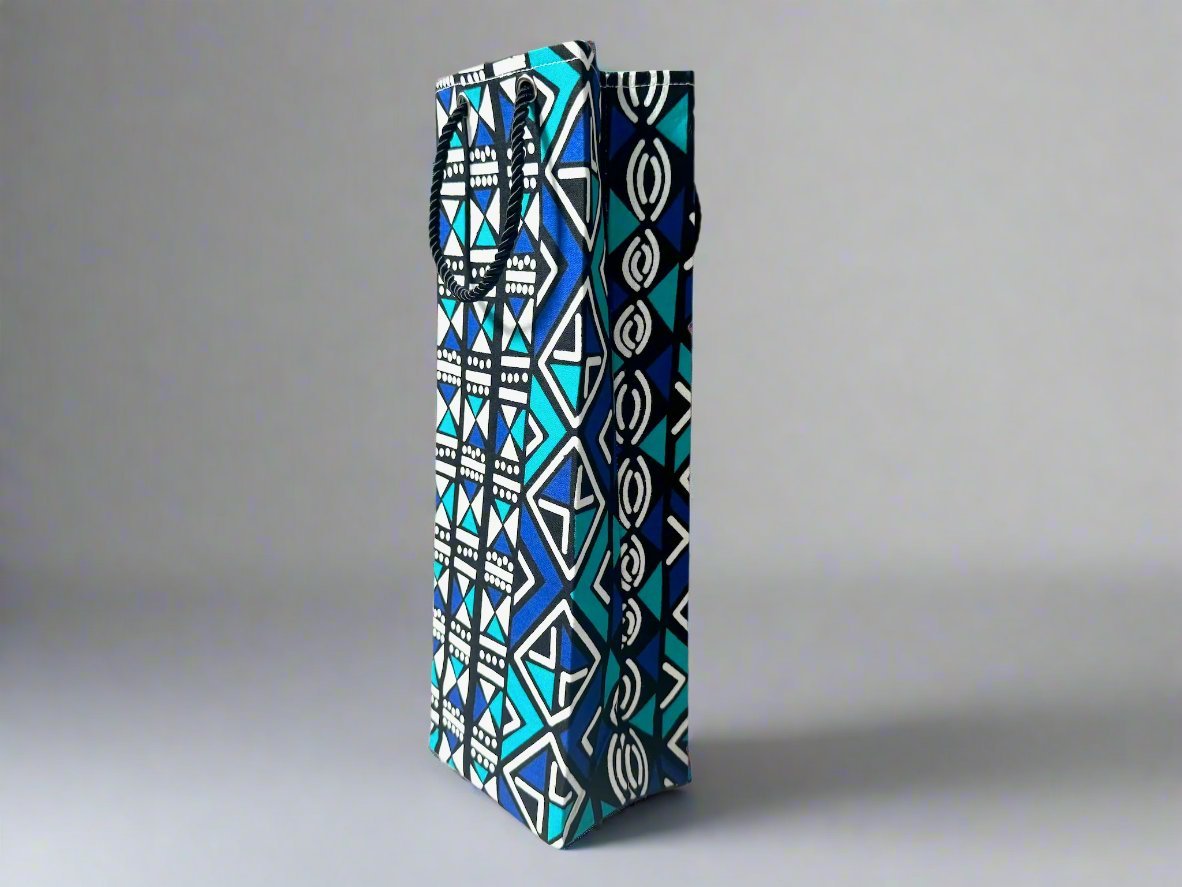 Ethnic, Fabric, Patterned, Handmade Black, Turquoise, Blue and White Wine Gift Bag - Gezia Accents