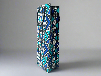 Ethnic, Fabric, Patterned, Handmade Black, Turquoise, Blue and White Wine Gift Bag - Gezia Accents