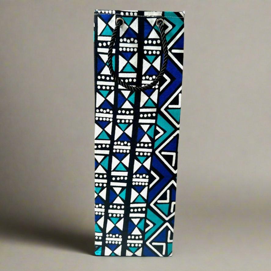 Ethnic, Fabric, Patterned, Handmade Black, Turquoise, Blue and White Wine Gift Bag - Gezia Accents