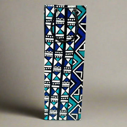 Ethnic, Fabric, Patterned, Handmade Black, Turquoise, Blue and White Wine Gift Bag - Gezia Accents