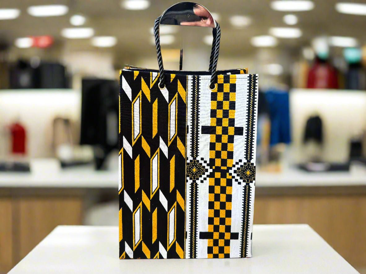 Ethnic, Fabric, Patterned, Handmade Black, White and Gold Small Bag - Gezia Accents