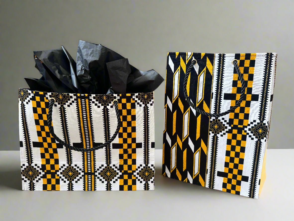Ethnic, Fabric, Patterned, Handmade Black, White, and Gold Small Wardrobe Bag - Gezia Accents