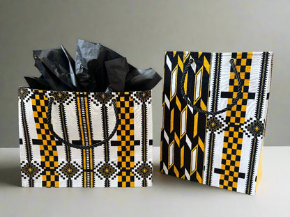 Ethnic, Fabric, Patterned, Handmade Black, White, and Gold Small Wardrobe Bag - Gezia Accents