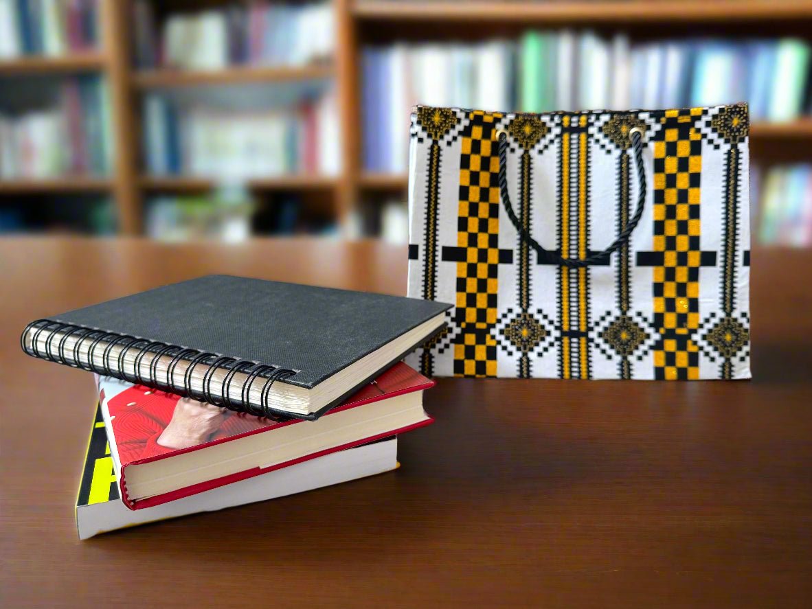 Ethnic, Fabric, Patterned, Handmade Black, White, and Gold Small Wardrobe Bag - Gezia Accents