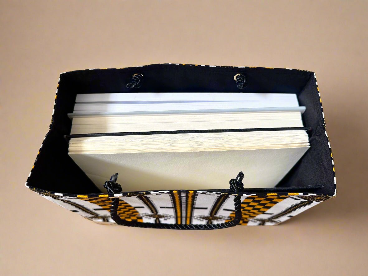 Ethnic, Fabric, Patterned, Handmade Black, White, and Gold Small Wardrobe Bag - Gezia Accents