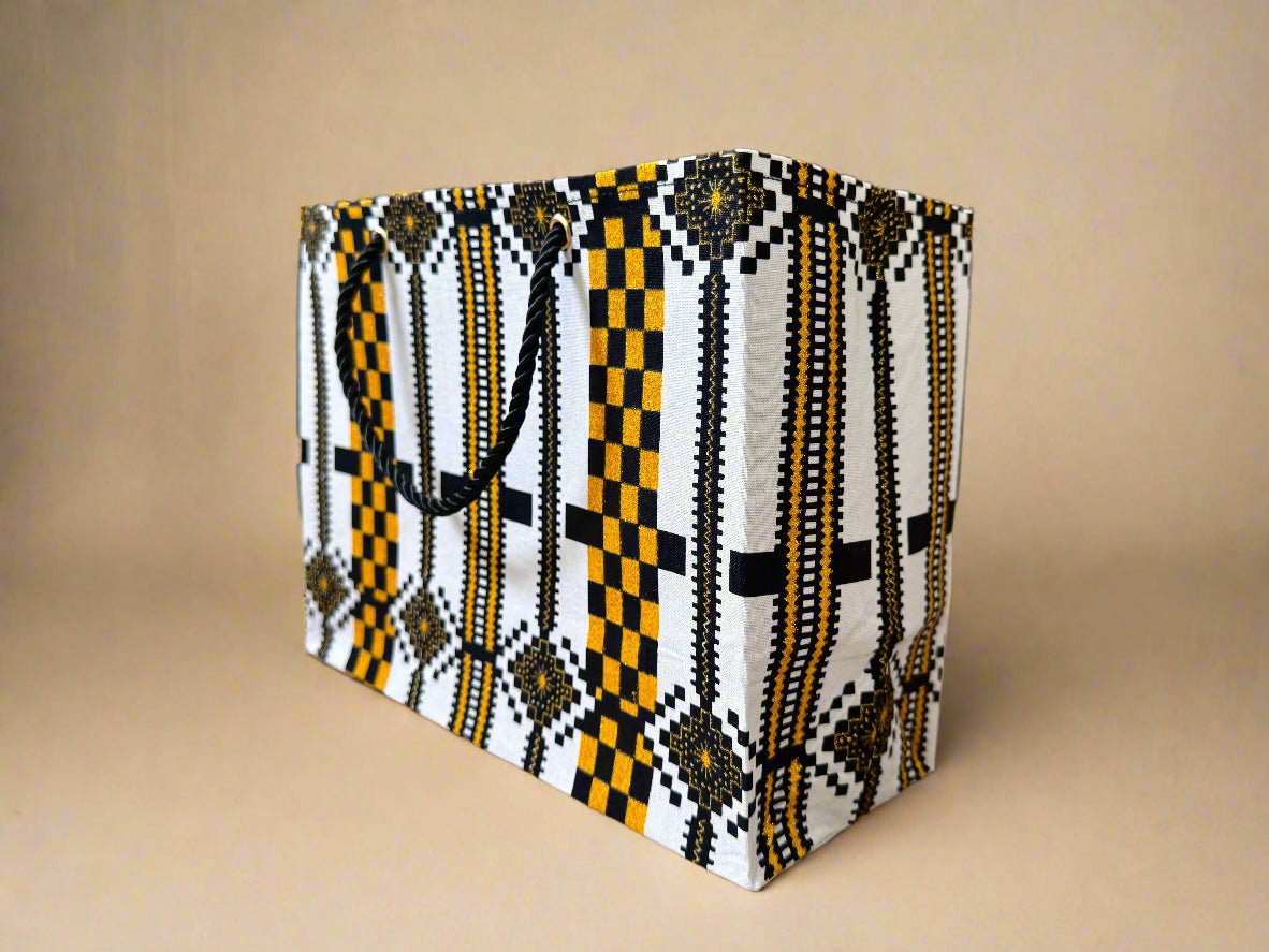 Ethnic, Fabric, Patterned, Handmade Black, White, and Gold Small Wardrobe Bag - Gezia Accents