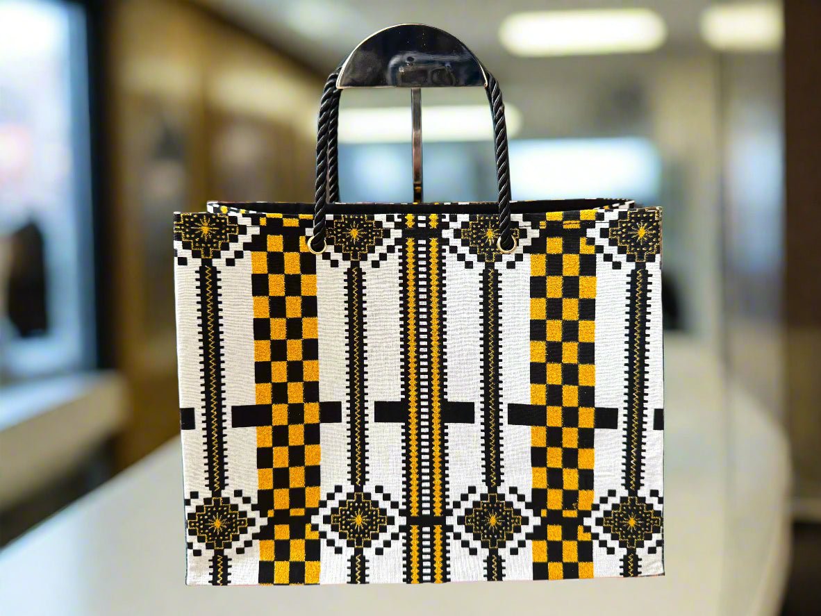 Ethnic, Fabric, Patterned, Handmade Black, White, and Gold Small Wardrobe Bag - Gezia Accents