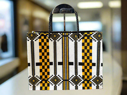 Ethnic, Fabric, Patterned, Handmade Black, White, and Gold Small Wardrobe Bag - Gezia Accents