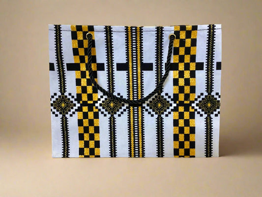 Ethnic, Fabric, Patterned, Handmade Black, White, and Gold Small Wardrobe Bag - Gezia Accents
