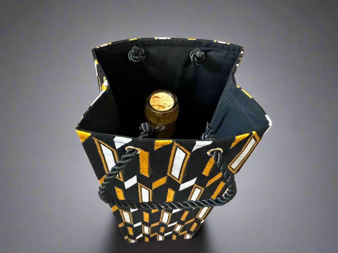 Ethnic, Fabric, Patterned, Handmade Black, White and Gold Wine Gift Bag - Gezia Accents