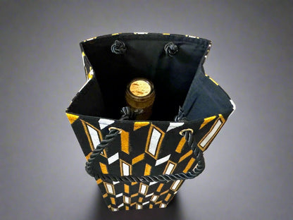 Ethnic, Fabric, Patterned, Handmade Black, White and Gold Wine Gift Bag - Gezia Accents