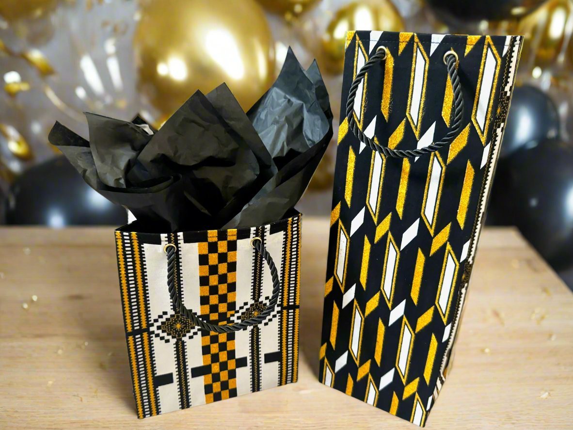 Ethnic, Fabric, Patterned, Handmade Black, White and Gold Wine Gift Bag - Gezia Accents