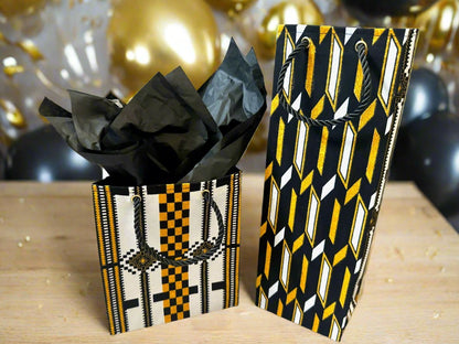Ethnic, Fabric, Patterned, Handmade Black, White and Gold Wine Gift Bag - Gezia Accents