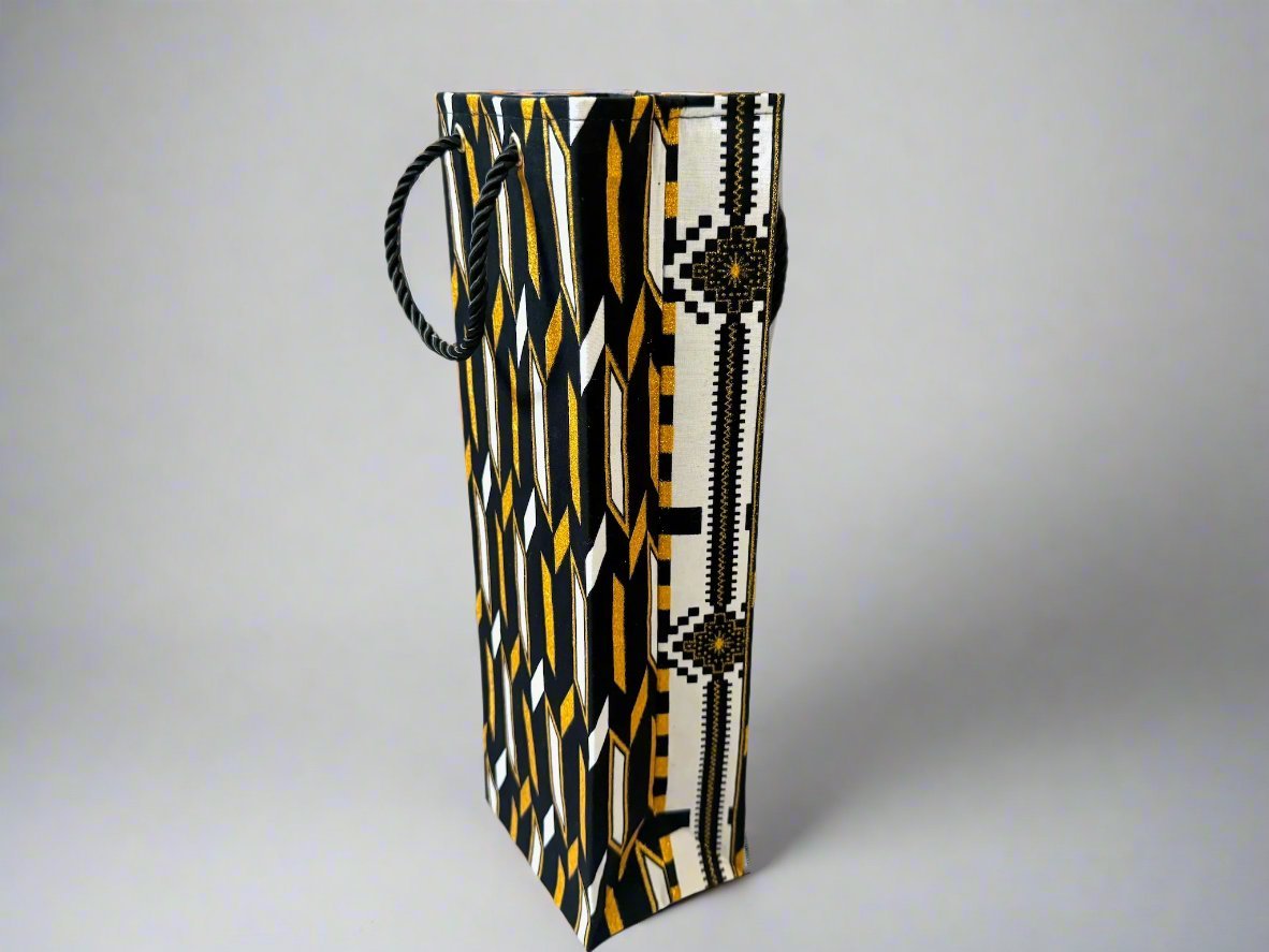 Ethnic, Fabric, Patterned, Handmade Black, White and Gold Wine Gift Bag - Gezia Accents