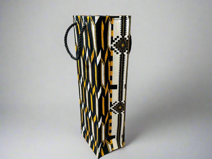 Ethnic, Fabric, Patterned, Handmade Black, White and Gold Wine Gift Bag - Gezia Accents