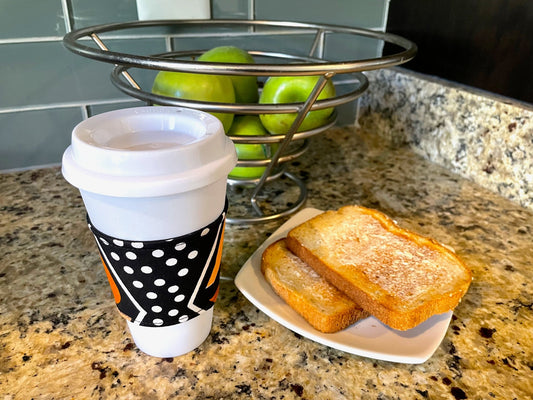 Ethnic, Fabric, Patterned, Handmade Black, White, and Orange Cup Sleeve - Gezia Accents