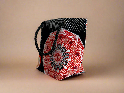 Ethnic, Fabric, Patterned, Handmade Black, White, and Orange Mini Tote - Gezia Accents