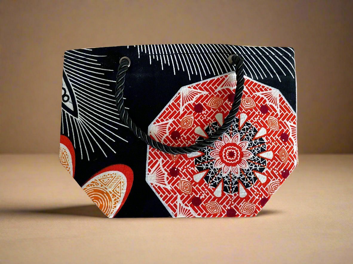 Ethnic, Fabric, Patterned, Handmade Black, White, and Orange Mini Tote - Gezia Accents