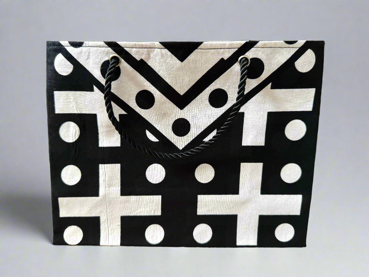 Ethnic, Fabric, Patterned, Handmade Black, White, Red and Yellow Small Wardrobe Bag - Gezia Accents