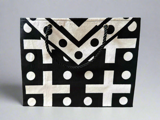 Ethnic, Fabric, Patterned, Handmade Black, White, Red and Yellow Small Wardrobe Bag - Gezia Accents