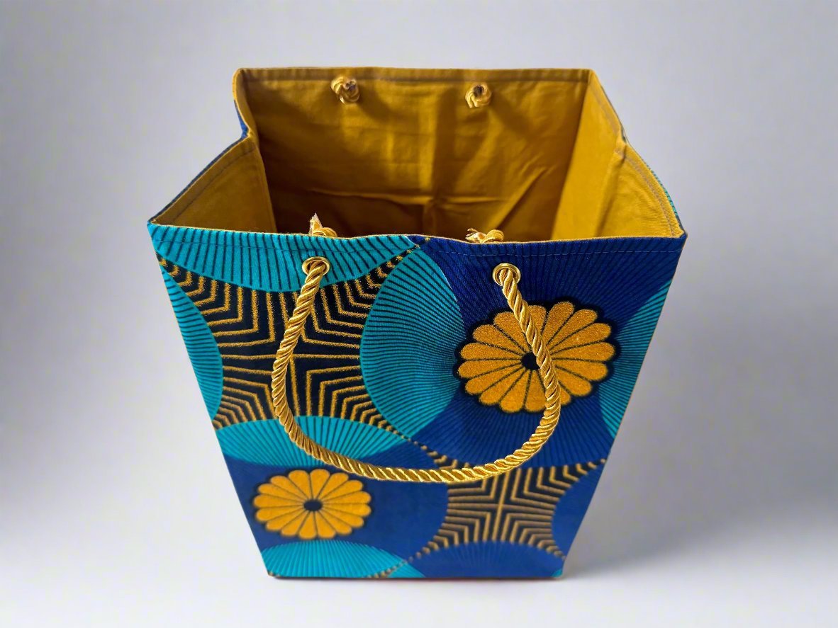 Ethnic, Fabric, Patterned, Handmade Blue, Black, and Gold Small Bag - Gezia Accents