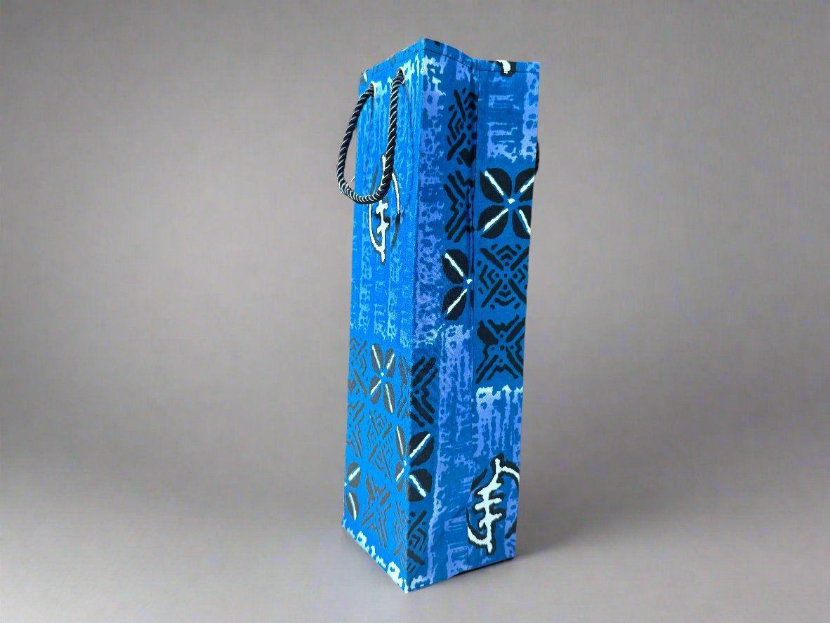 Ethnic, Fabric, Patterned, Handmade Blue, Black and White Wine Gift Bag - Gezia Accents