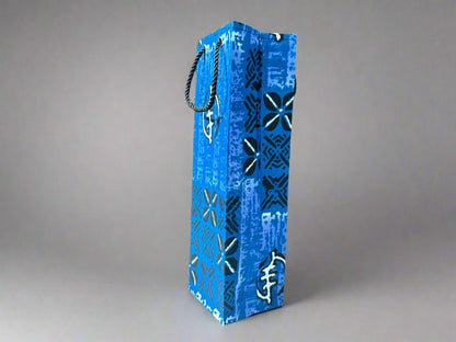 Ethnic, Fabric, Patterned, Handmade Blue, Black and White Wine Gift Bag - Gezia Accents