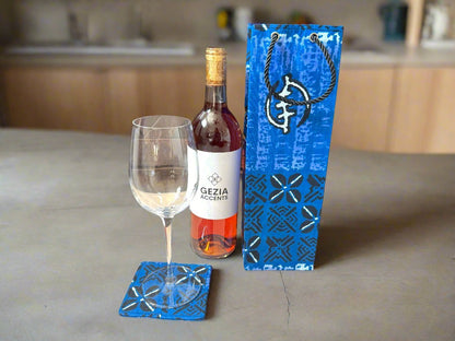 Ethnic, Fabric, Patterned, Handmade Blue, Black and White Wine Gift Bag - Gezia Accents