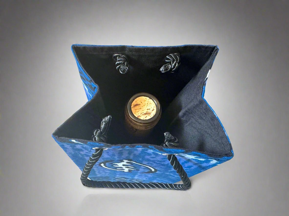 Ethnic, Fabric, Patterned, Handmade Blue, Black and White Wine Gift Bag - Gezia Accents