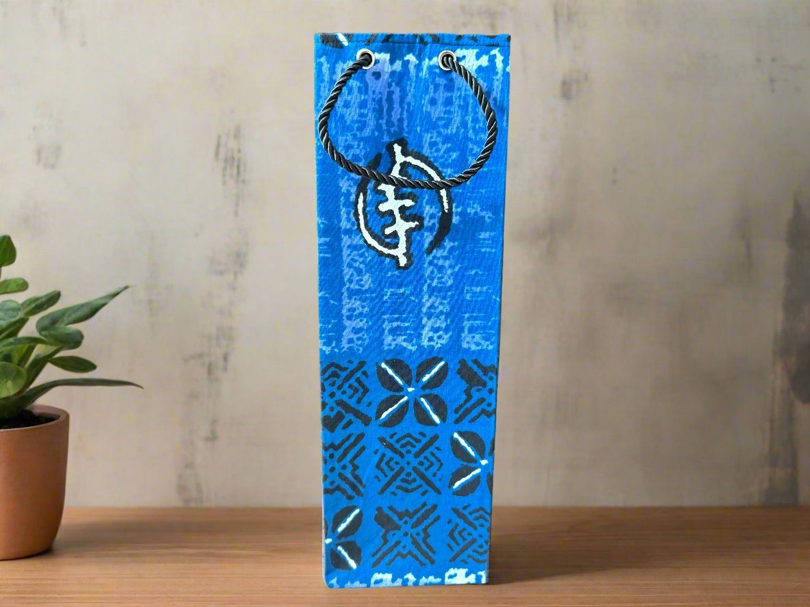 Ethnic, Fabric, Patterned, Handmade Blue, Black and White Wine Gift Bag - Gezia Accents