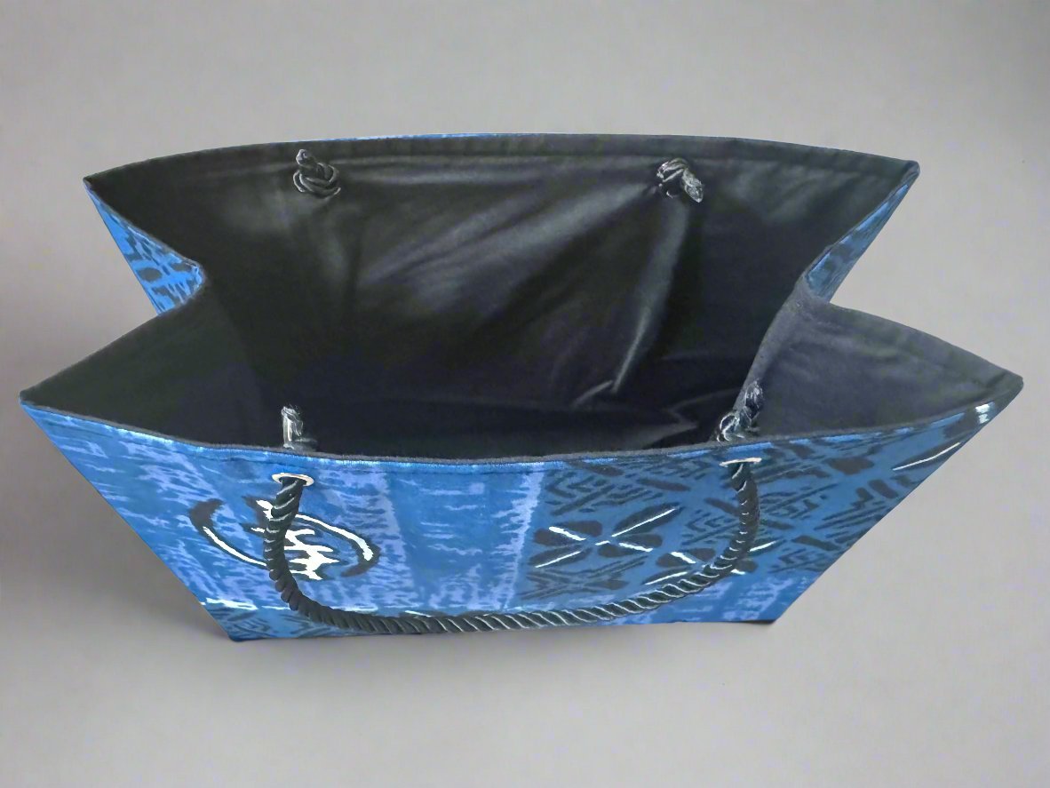 Ethnic, Fabric, Patterned, Handmade Blue, Dark Blue, Black, and White Small Wardrobe Bag - Gezia Accents