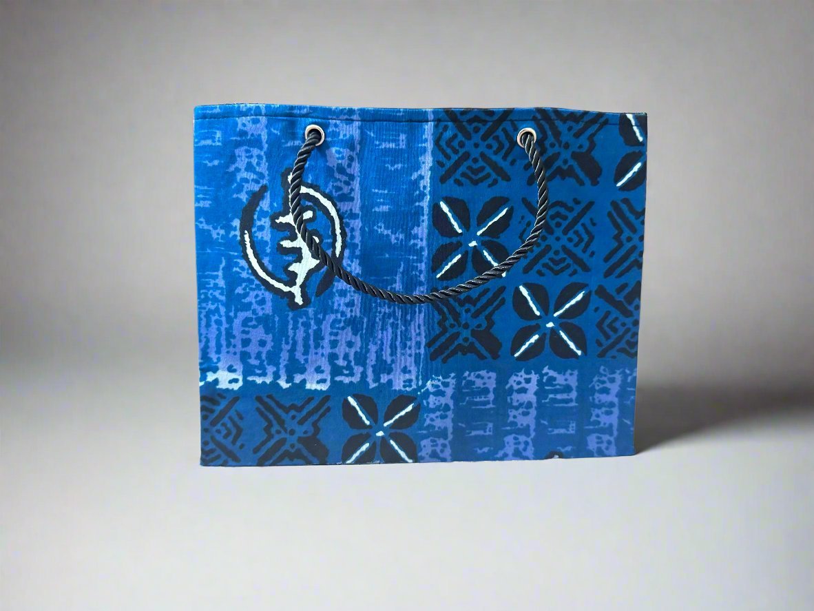 Ethnic, Fabric, Patterned, Handmade Blue, Dark Blue, Black, and White Small Wardrobe Bag - Gezia Accents