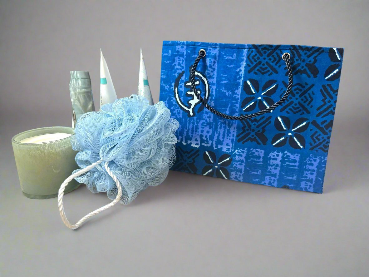 Ethnic, Fabric, Patterned, Handmade Blue, Dark Blue, Black, and White Small Wardrobe Bag - Gezia Accents