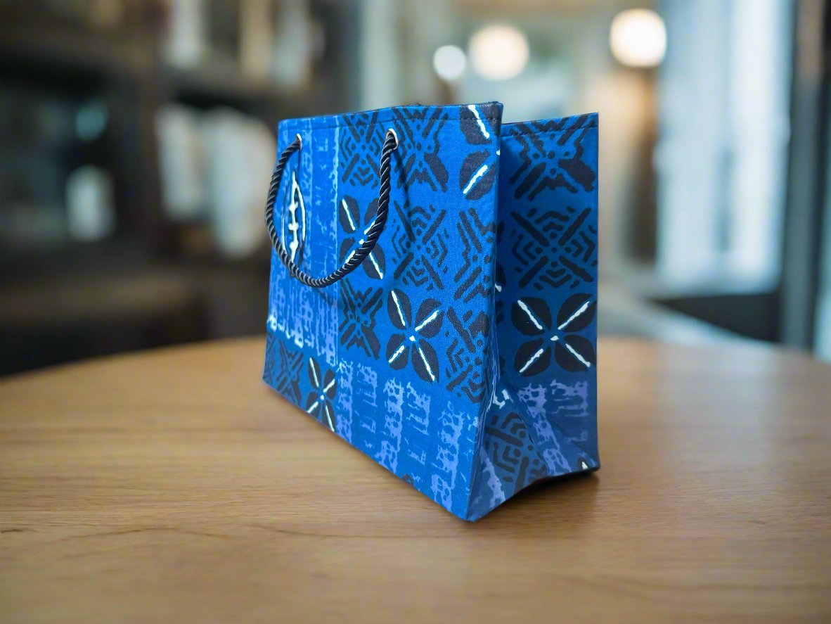 Ethnic, Fabric, Patterned, Handmade Blue, Dark Blue, Black, and White Small Wardrobe Bag - Gezia Accents