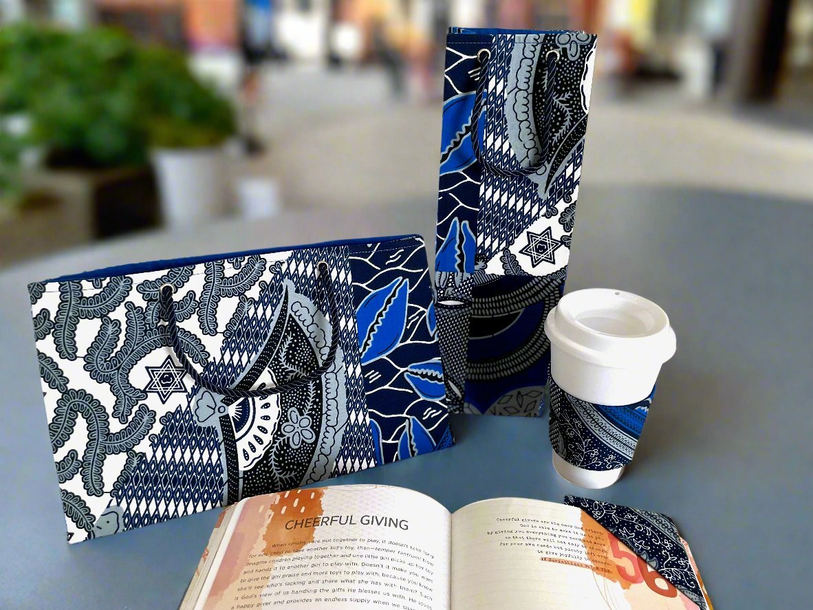 Ethnic, Fabric, Patterned, Handmade Blue, Gray, and White Wine Gift Bag - Gezia Accents